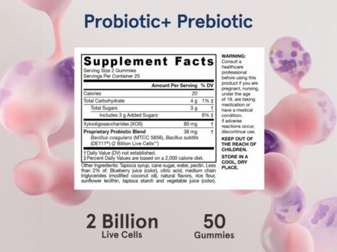 Jarrow Formulas Probiotic Plus Prebiotic Gummies Digestive Health Supplement – 50 Gummies Supplement Facts pane