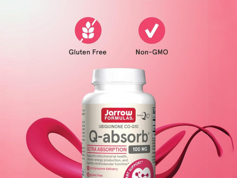 Jarrow Formulas Q-Absorb Co-Q10 100 mg Antioxidant Supplement – 60–120 Softgels bottle angled view with softgels