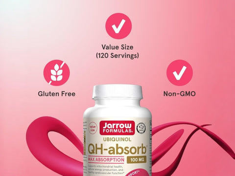 Jarrow Formulas Ubiquinol QH-Absorb Max Absorption 100 mg CoQ10 Supplement – 60–120 Softgels bottle angled view with softgels