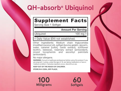 Jarrow Formulas Ubiquinol QH-Absorb Max Absorption 100 mg CoQ10 Supplement – 60–120 Softgels Supplement Facts panel
