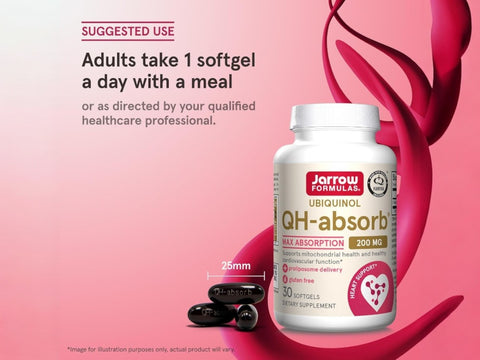 Jarrow Formulas QH-Absorb Ubiquinol CoQ10 200 mg Supplement – 30–90 Softgels How to Use directions label