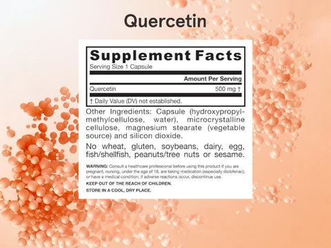 Jarrow Formulas Quercetin 500 mg Antioxidant Flavonoid Supplement – 30–200 Veggie Capsules Supplement Facts panel