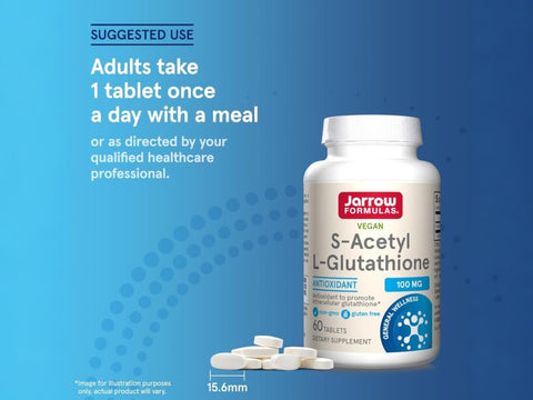 Jarrow Formulas S-Acetyl L-Glutathione 100 mg Antioxidant Supplement – 60 Tablets How to Use directions label