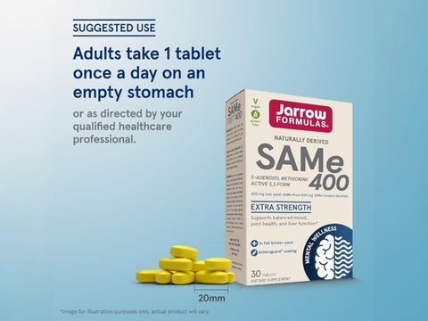 Jarrow Formulas SAMe 400 mg S-Adenosyl-L-Methionine Supplement – 30–60 Enteric-Coated Tablets How to Use directions label