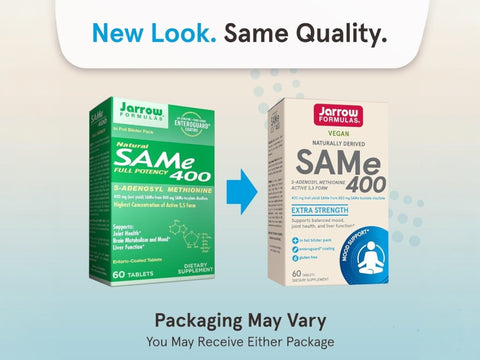 Jarrow Formulas SAMe 400 mg S-Adenosyl-L-Methionine Supplement – 60 Enteric-Coated Tablets box front view packaging may vary