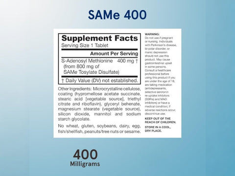 Jarrow Formulas SAMe 400 mg S-Adenosyl-L-Methionine Supplement – 30–60 Enteric-Coated Tablets Supplement Facts panel