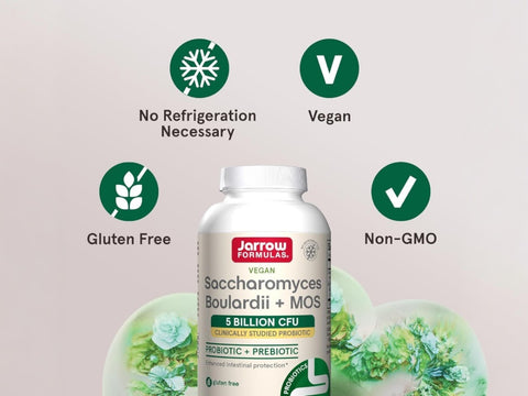 Jarrow Formulas Saccharomyces Boulardii 5 Billion CFU Probiotic Yeast Supplement – 90–180 Veggie Capsules bottle angled view