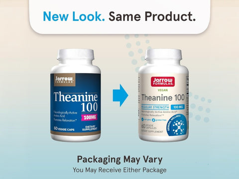 Jarrow Formulas Theanine 100 100 mg L-Theanine Amino Acid Supplement – 60 Veggie Capsules bottle front view packaging may vary