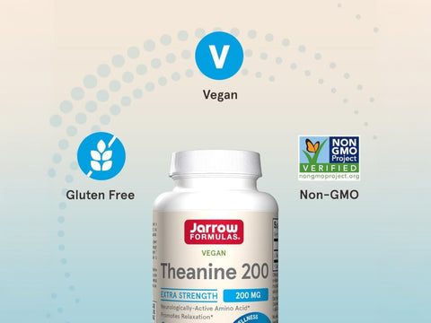 Jarrow Formulas Theanine 200 200 mg L-Theanine Amino Acid Supplement – 60 Veggie Capsules bottle angled view