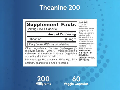 Jarrow Formulas Theanine 200 200 mg L-Theanine Amino Acid Supplement – 60 Veggie Capsules Supplement Facts panel