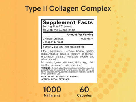 Jarrow Formulas Type II Collagen Complex 1000 mg Joint Support Supplement – 60 Capsules Supplement Facts panel