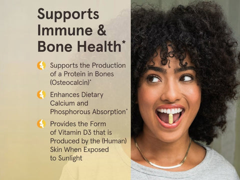 Jarrow Formulas Vitamin D3 1000 IU Vitamin D Supplement – 200 Softgels benefits infographic for bone and immune support