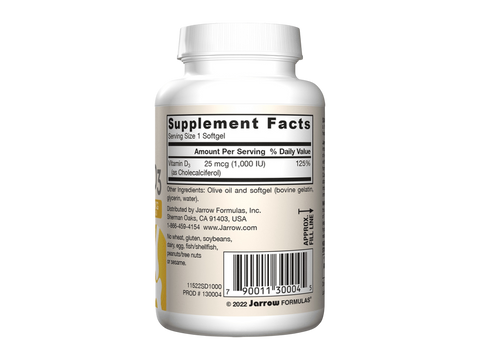 Jarrow Formulas Vitamin D3 1000 IU Vitamin D Supplement – 200 Softgels Supplement Facts panel