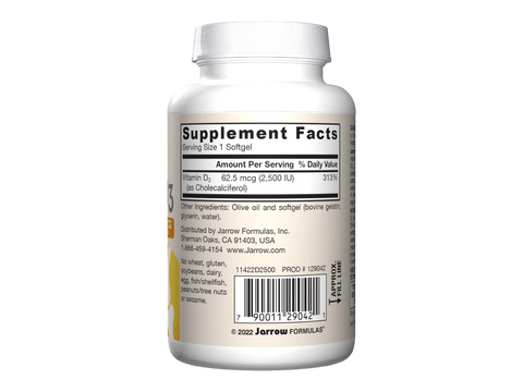 Jarrow Formulas Vitamin D3 2500 IU Vitamin D Supplement – 100 Softgels product barcode on bottle