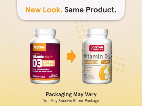 Jarrow Formulas Vitamin D3 2500 IU Vitamin D Supplement – 100 Softgels bottle front view packaging may vary
