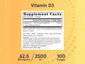Jarrow Formulas Vitamin D3 2500 IU Vitamin D Supplement – 100 Softgels Supplement Facts panel