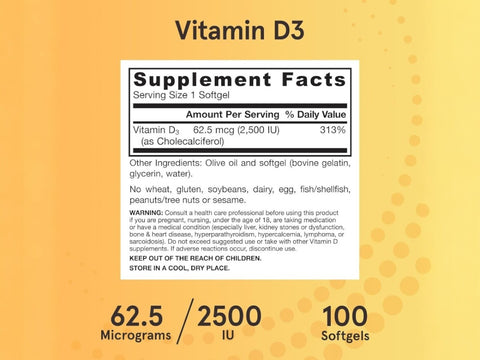 Jarrow Formulas Vitamin D3 2500 IU Vitamin D Supplement – 100 Softgels Supplement Facts panel
