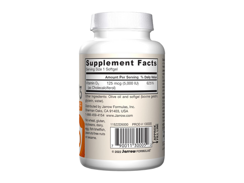 Jarrow Formulas Vitamin D3 5000 IU Vitamin D Supplement – 100 Softgels product barcode on bottle