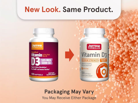 Jarrow Formulas Vitamin D3 5000 IU Vitamin D Supplement – 100 Softgels bottle front view packaging may vary