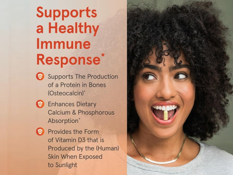 Jarrow Formulas Vitamin D3 5000 IU Vitamin D Supplement – 100 Softgels benefits infographic for bone and immune suppo
