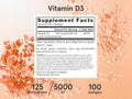 Jarrow Formulas Vitamin D3 5000 IU Vitamin D Supplement – 100 Softgels Supplement Facts panel