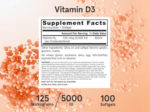 Jarrow Formulas Vitamin D3 5000 IU Vitamin D Supplement – 100 Softgels Supplement Facts panel