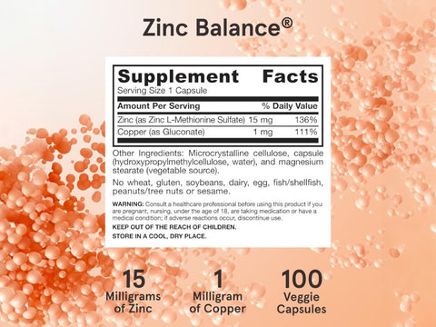 Jarrow Formulas Zinc Balance 15 mg Mineral Supplement – 100 Veggie Capsules Supplement Facts panel