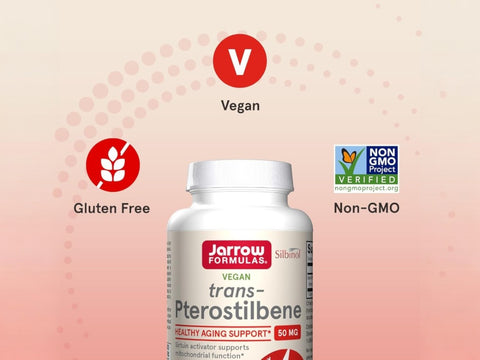 Jarrow Formulas trans-Pterostilbene 50 mg Antioxidant Polyphenol Supplement – 60 Veggie Capsules bottle angled view
