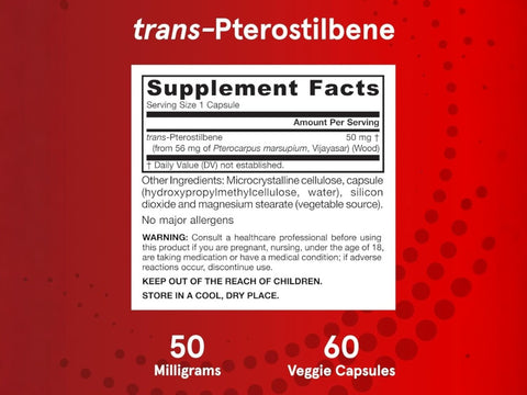 Jarrow Formulas trans-Pterostilbene 50 mg Antioxidant Polyphenol Supplement – 60 Veggie Capsules Supplement Facts panel