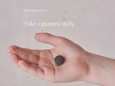 Hand holding a gummy supplement with text on directions of use against a neutral background