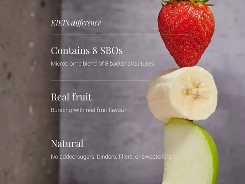 Fruit skewer with strawberry, banana, and apple on a gray background with text about KIKT's product features.