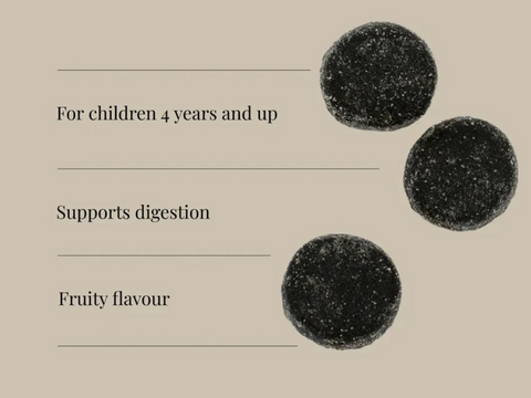 Three black spherical objects on a beige background with text about their use for children and benefits.