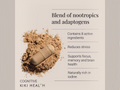 Kiki Health supplement capsule with powder and text about nootropics and adaptogens on a light background
