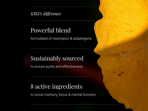 Product packaging with text about KIKI's difference, blend, sourcing, and ingredients.
