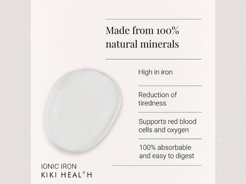 KIKI HEALTH ionic iron product with text highlighting benefits on a light gray background