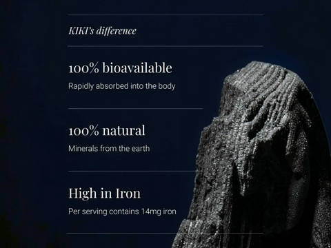 Mineral supplement with text highlighting its properties on a dark background
