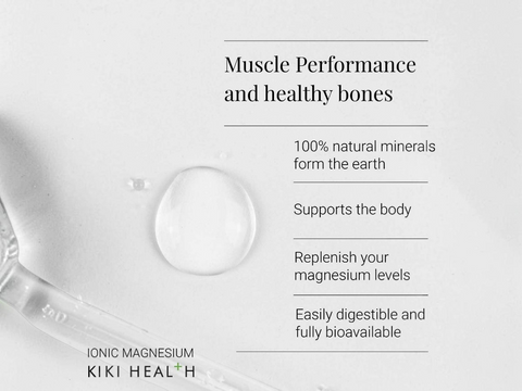 Advertisement for KIKI Health Ionic Magnesium with text about muscle performance, healthy bones, and product benefits.