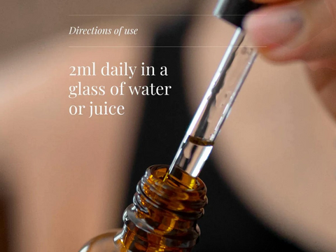 Close-up of a dropper with liquid and text on directions of use.