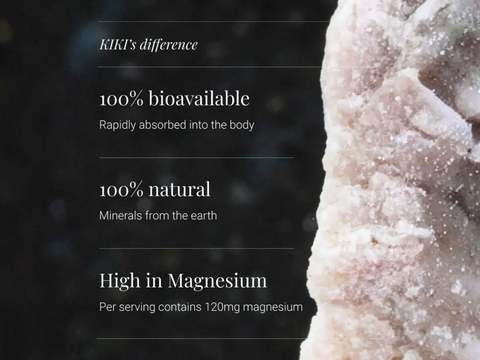 Mineral crystal with text highlighting KIKT's product features on a dark background