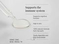 Ionic zinc dropper with text highlighting benefits on a light gray background