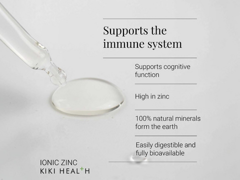 Ionic zinc dropper with text highlighting benefits on a light gray background