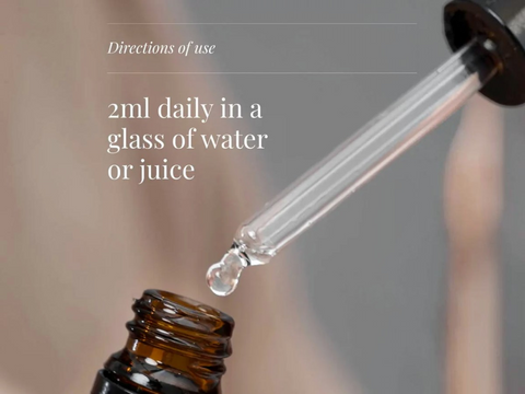 Dropper with liquid being added to a bottle, with text on directions of use.