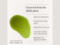 Green leafy substance with text about liquid chlorophyll benefits on a light gray background