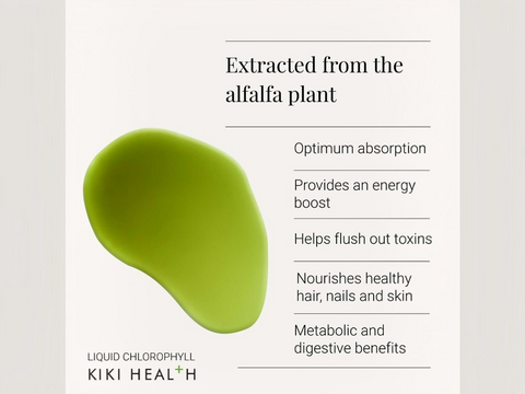 Green leafy substance with text about liquid chlorophyll benefits on a light gray background