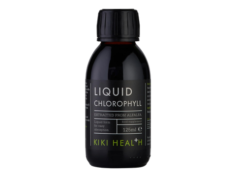 Black bottle of Liquid Chlorophyll by KIKI HEAL+ on a white background