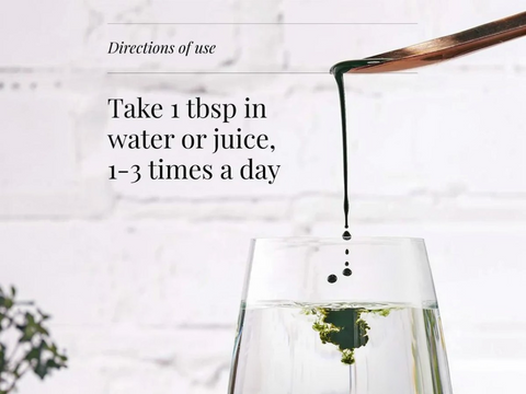 Glass of water with a dropper adding liquid, text on directions of use.