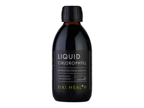 Black bottle of Liquid Chlorophyll by KIKI HEAL+ on a white background