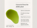 Green liquid chlorophyll droplet with text about its benefits on a light gray background