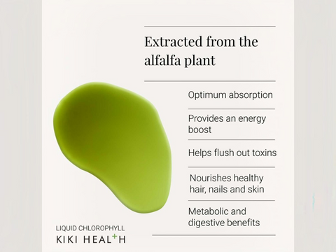 Green liquid chlorophyll droplet with text about its benefits on a light gray background