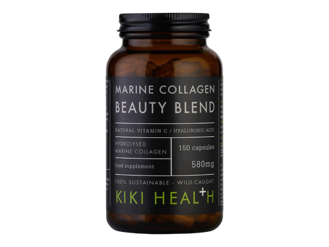 Brown supplement bottle labeled 'Marine Collagen Beauty Blend' by KIKI Health on a white background